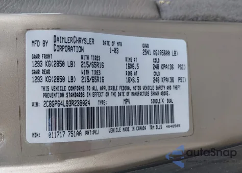 2003 Chrysler Town & Country Limited из США, поврежденный, VIN 2C8GP64L93R239024